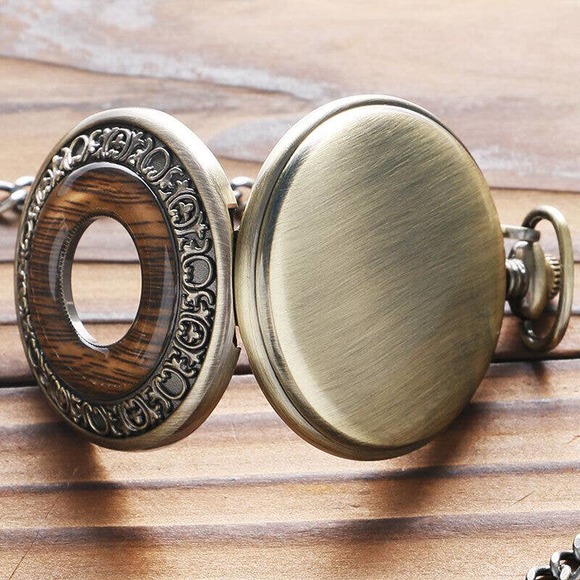 Woodgrain Pocket Watch NEW Hollow Cutout Quartz Vintage Bronze Watch Chain - Picture 3 of 4